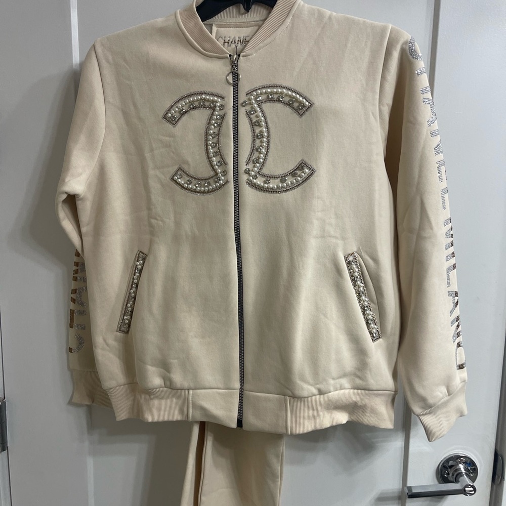 CHANEL Pearl Embellished Cream Jacket and joggers